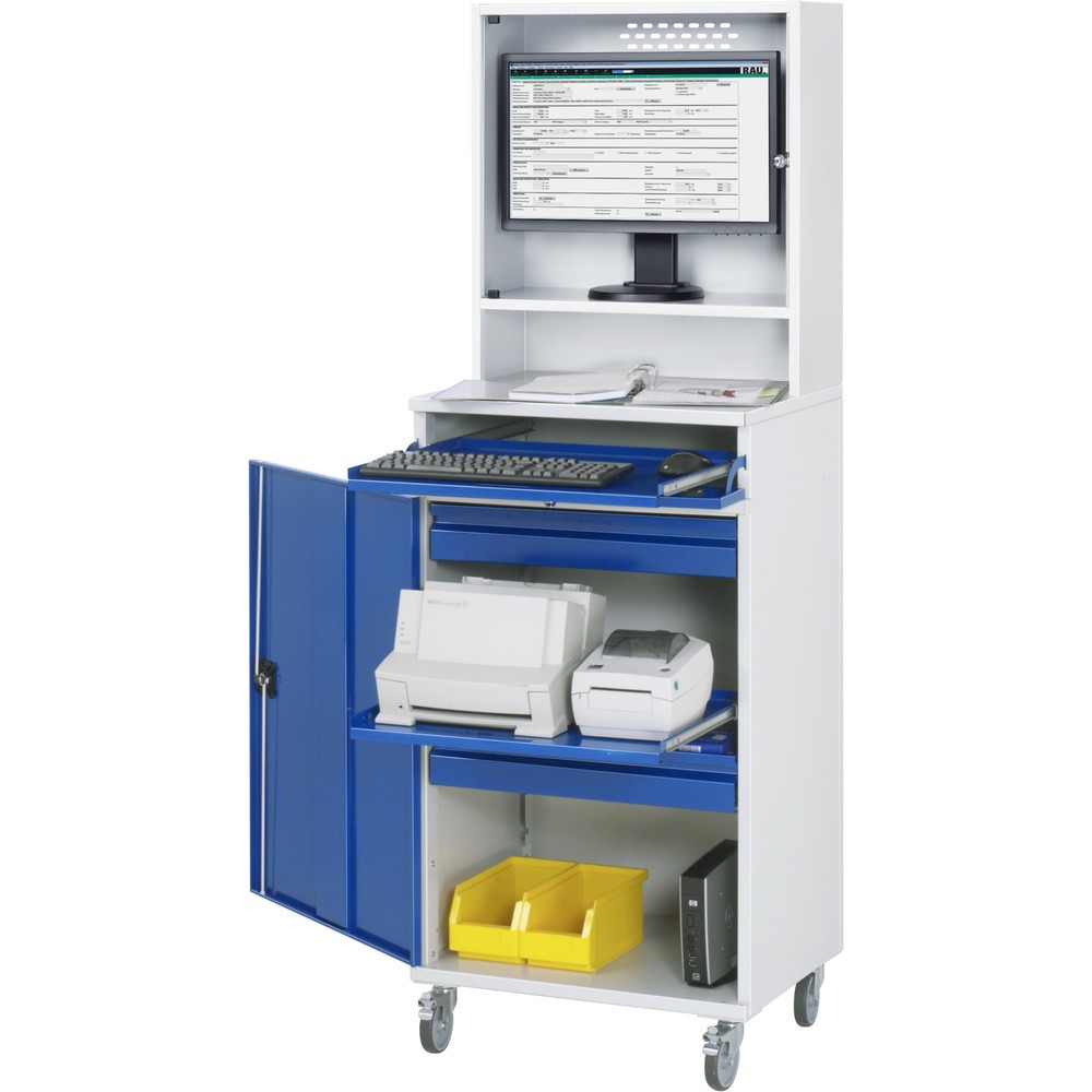 Produktabbildung: RAU mobiler Computer-Schrank, Monitorgehäuse, Tastaturauszug, Flügeltür, Schubladenanzahl x H x B: 2 x 80 x 570 mm
