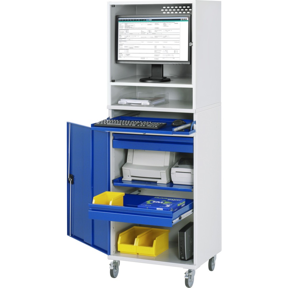 Produktabbildung: RAU mobiler Computer-Schrank, Monitorgehäuse, Tastaturauszug, Flügeltür, Schubladenanzahl x H x B: 2 x 80 x 570 mm