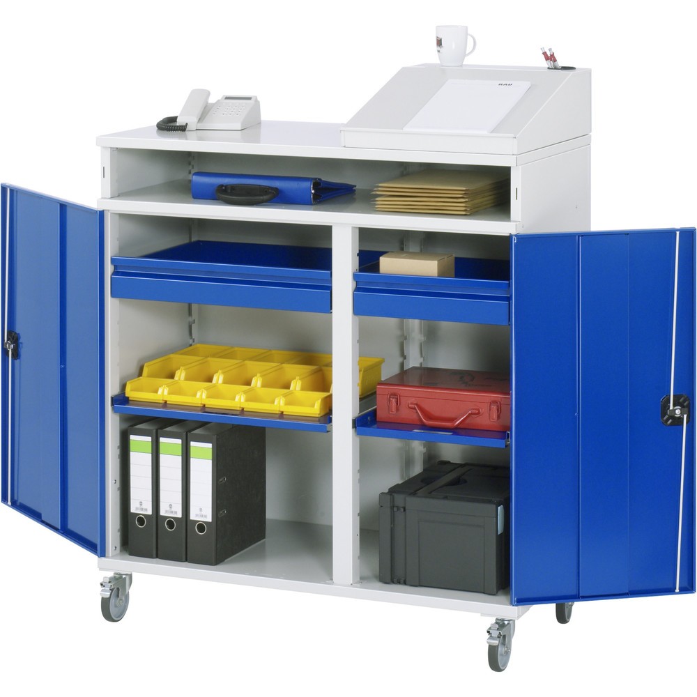 Produktabbildung: RAU mobiles Stehpult, HxBxT 1.185-1.345 x 1.100 x 520 mm, Schubladen 2 x 80 mm