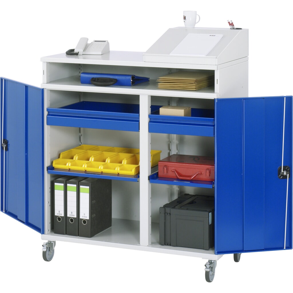 Produktabbildung: RAU mobiles Rollpult, HxBxT 1.185-1.345 x 1.100 x 520 mm, Schubladen 2 x 80 mm