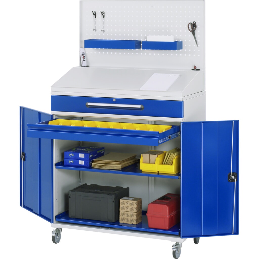 RAU mobiles Rollpult, HxBxT 1.235-1.895 x 1.100 x 520 mm, Schubladen 1 x 80, 1 x 120 mm Produktabbildung: RAU mobiles Rollpult, HxBxT 1.235-1.895 x 1.100 x 520 mm, Schubladen 1 x 80, 1 x 120 mm