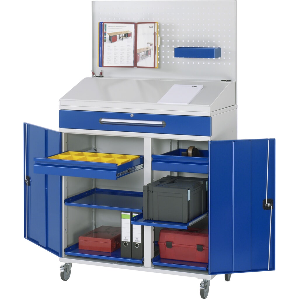 Produktabbildung: RAU mobiles Rollpult, HxBxT 1.235-1.895 x 1.100 x 520 mm, Schubladen 2 x 80, 1 x 120 mm