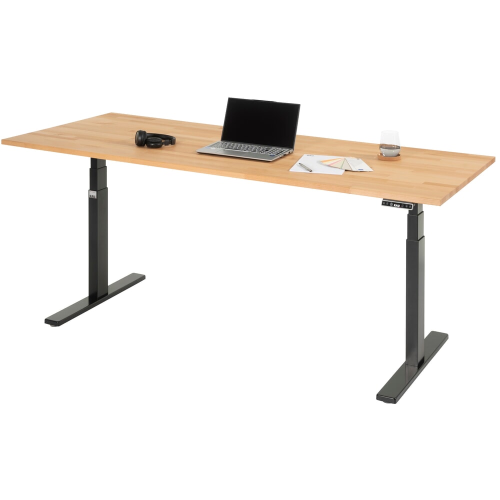 Produktabbildung: RAU Schreibtisch adlatus 100, elektrisch höhenverstellbar, HxBxT 650-1.300 x 2.000 x 800 mm, tiefschwarz, Buche-Massiv Arbeitsplatte