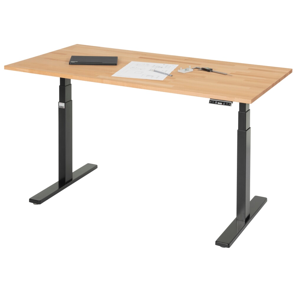 Produktabbildung: RAU Schreibtisch adlatus 100, elektrisch höhenverstellbar, HxBxT 650-1.300 x 1.500 x 800 mm, tiefschwarz, Buche-Massiv Arbeitsplatte