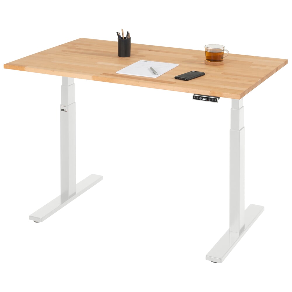 Produktabbildung: RAU Schreibtisch adlatus 100, elektrisch höhenverstellbar, HxBxT 650-1.300 x 1.250 x 800 mm, lichtgrau, Buche-Massiv Arbeitsplatte