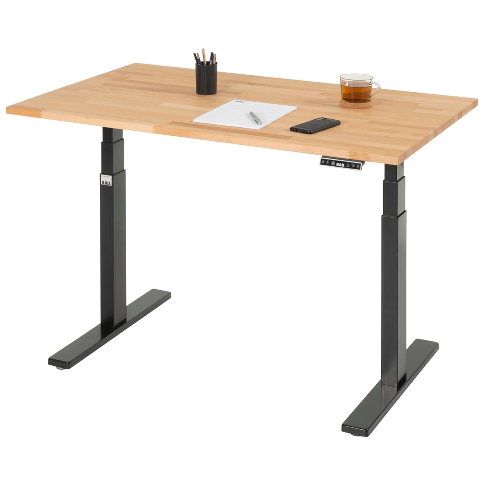 Produktabbildung: RAU Schreibtisch adlatus 100, elektrisch höhenverstellbar, HxBxT 650-1.300 x 1.250 x 800 mm, tiefschwarz, Buche-Massiv Arbeitsplatte