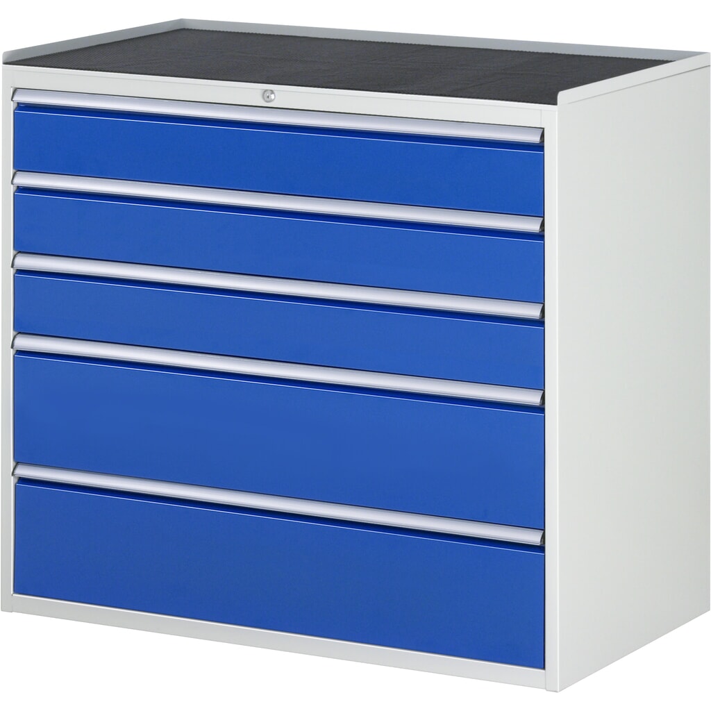 Produktabbildung: RAU Schubladenschrank Serie 7000, HxBxT 1.035 x 1.145 x 650 mm, 5 x 90%-Auszug-Schubladen 3 x 150, 2 x 240 mm, Arbeitsplatte Metall