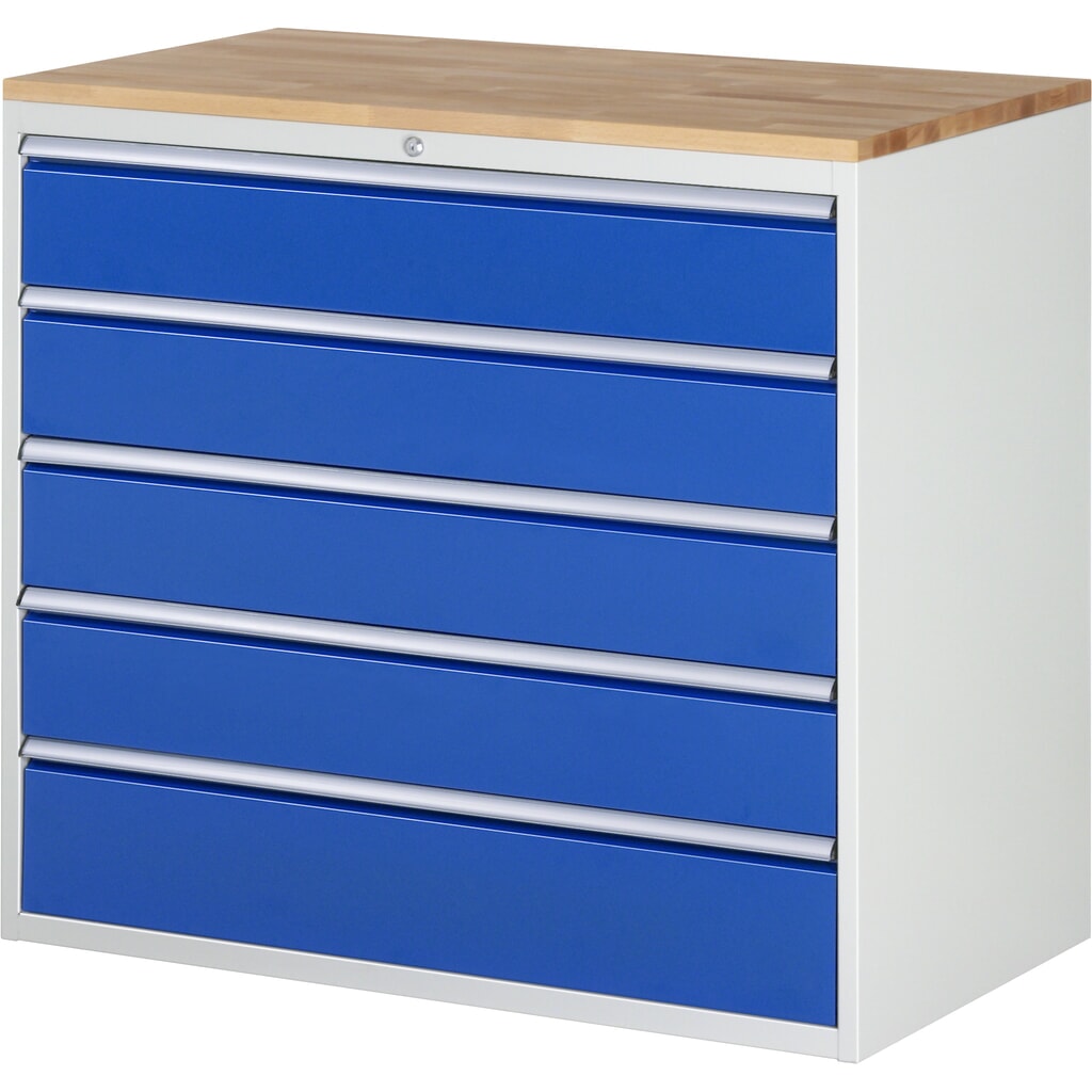RAU Schubladenschrank Serie 7000, HxBxT 1.035 x 1.145 x 650 mm, 5 x 90%-Auszug-Schubladen 4 x 180, 1 x 210 mm, Arbeitsplatte Buche Produktabbildung: RAU Schubladenschrank Serie 7000, HxBxT 1.035 x 1.145 x 650 mm, 5 x 90%-Auszug-Schubladen 4 x 180, 1 x 210 mm, Arbeitsplatte Buche