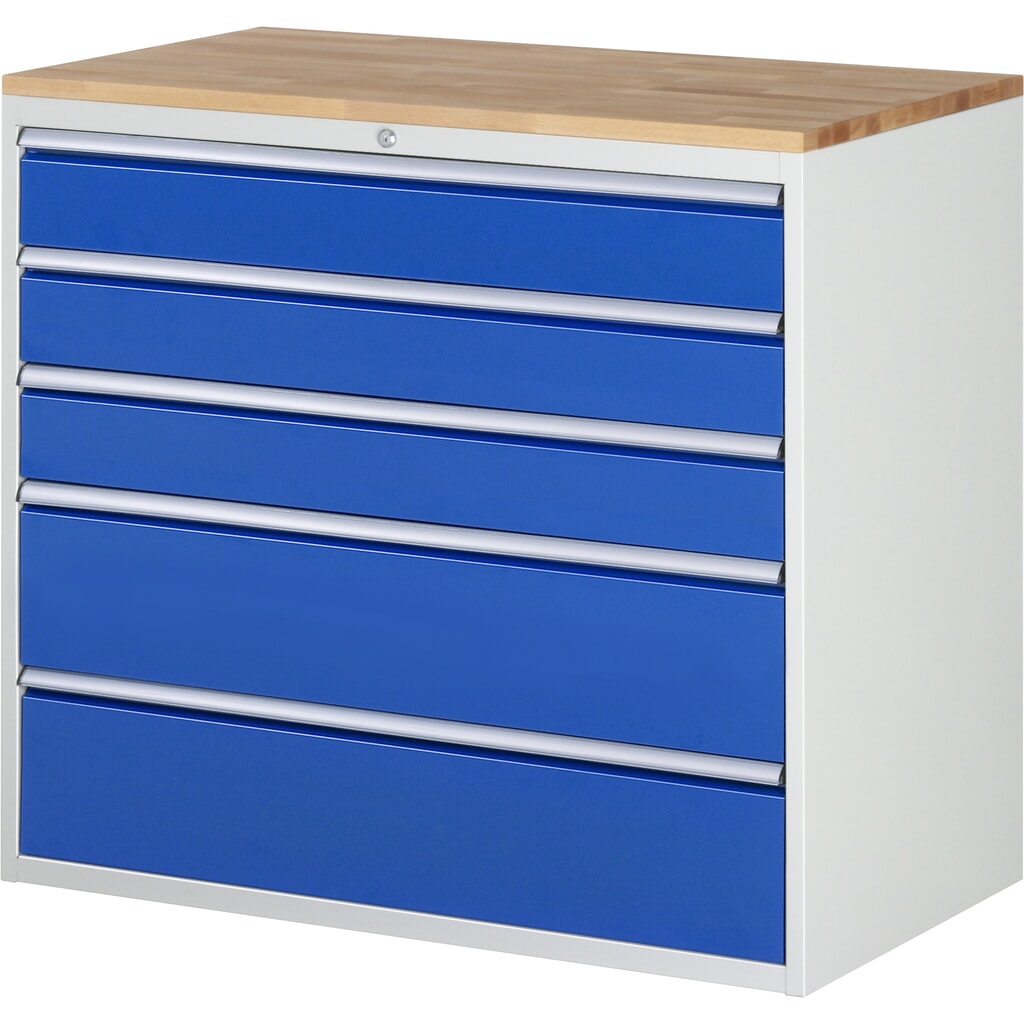 RAU Schubladenschrank Serie 7000, HxBxT 1.035 x 1.145 x 650 mm, 5 x 90%-Auszug-Schubladen 3 x 150, 2 x 240 mm, Arbeitsplatte Buche Produktabbildung: RAU Schubladenschrank Serie 7000, HxBxT 1.035 x 1.145 x 650 mm, 5 x 90%-Auszug-Schubladen 3 x 150, 2 x 240 mm, Arbeitsplatte Buche