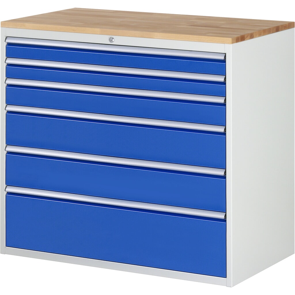 Produktabbildung: RAU Schubladenschrank Serie 7000, HxBxT 1.035 x 1.145 x 650 mm, 6 x 90%-Auszug-Schubladen 2 x 90, 1 x 120, 2 x 180, 1 x 270 mm, Arbeitsplatte Buche