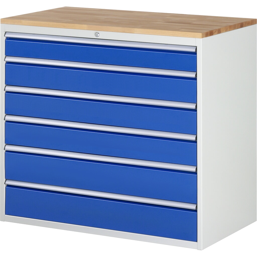 RAU Schubladenschrank Serie 7000, HxBxT 1.035 x 1.145 x 650 mm, 6 x 90%-Auszug-Schubladen 1 x 120, 3 x 150, 2 x 180 mm, Arbeitsplatte Buche Produktabbildung: RAU Schubladenschrank Serie 7000, HxBxT 1.035 x 1.145 x 650 mm, 6 x 90%-Auszug-Schubladen 1 x 120, 3 x 150, 2 x 180 mm, Arbeitsplatte Buche