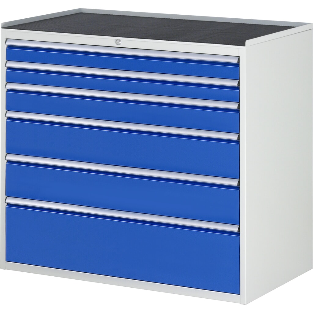 Produktabbildung: RAU Schubladenschrank Serie 7000, HxBxT 1.035 x 1.145 x 650 mm, 6 x 90%-Auszug-Schubladen 2 x 90, 1 x 120, 2 x 180, 1 x 270 mm, Arbeitsplatte Metall