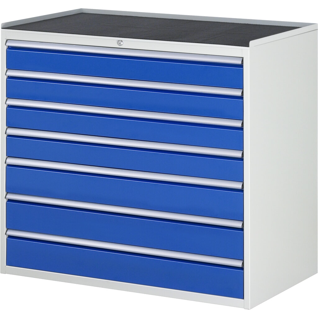 RAU Schubladenschrank Serie 7000, HxBxT 1.035 x 1.145 x 650 mm, 7 x 90%-Auszug-Schubladen 4 x 120, 3 x 150 mm, Arbeitsplatte Metall Produktabbildung: RAU Schubladenschrank Serie 7000, HxBxT 1.035 x 1.145 x 650 mm, 7 x 90%-Auszug-Schubladen 4 x 120, 3 x 150 mm, Arbeitsplatte Metall