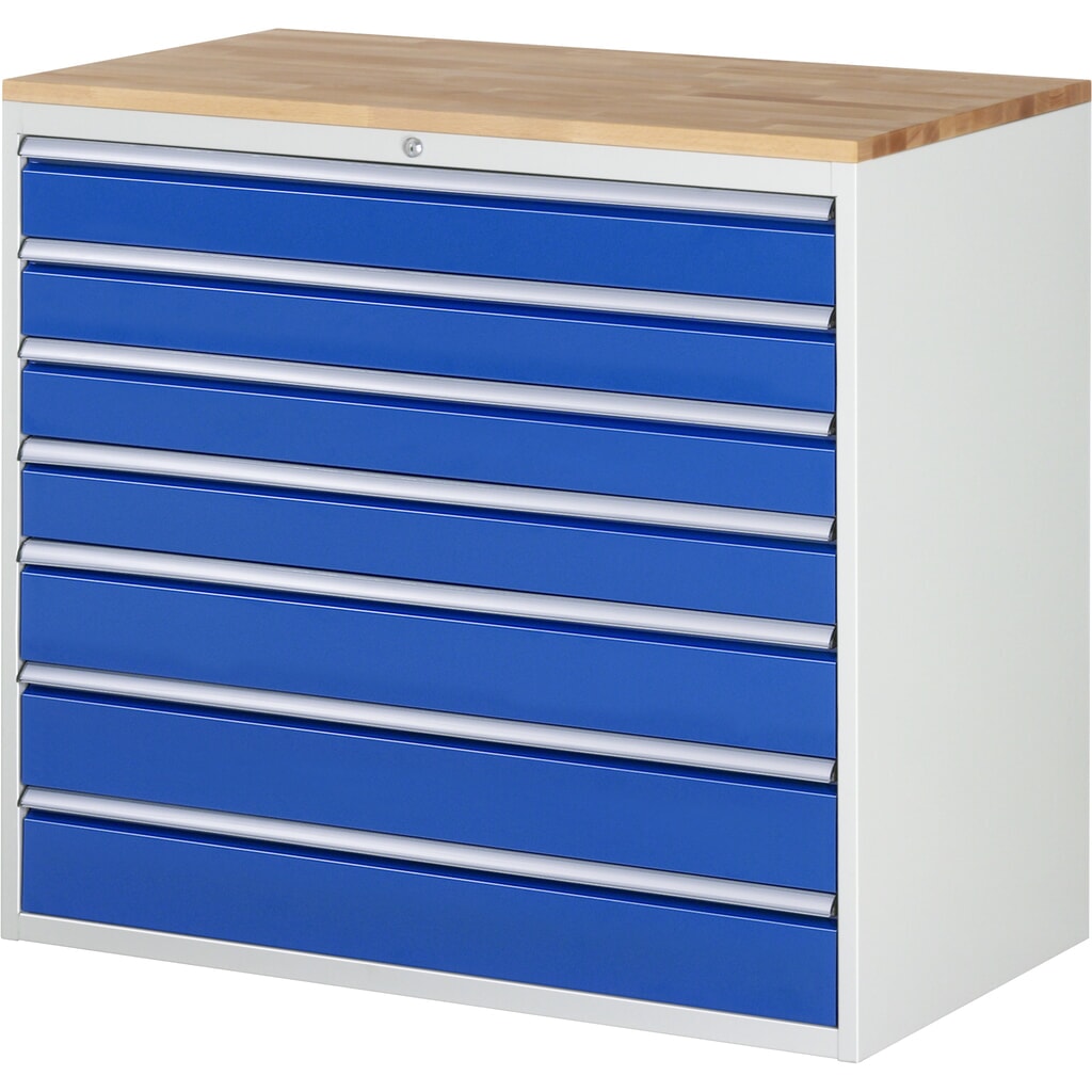 RAU Schubladenschrank Serie 7000, HxBxT 1.035 x 1.145 x 650 mm, 7 x 100%-Auszug-Schubladen 4 x 120, 3 x 150 mm, Arbeitsplatte Buche Produktabbildung: RAU Schubladenschrank Serie 7000, HxBxT 1.035 x 1.145 x 650 mm, 7 x 100%-Auszug-Schubladen 4 x 120, 3 x 150 mm, Arbeitsplatte Buche