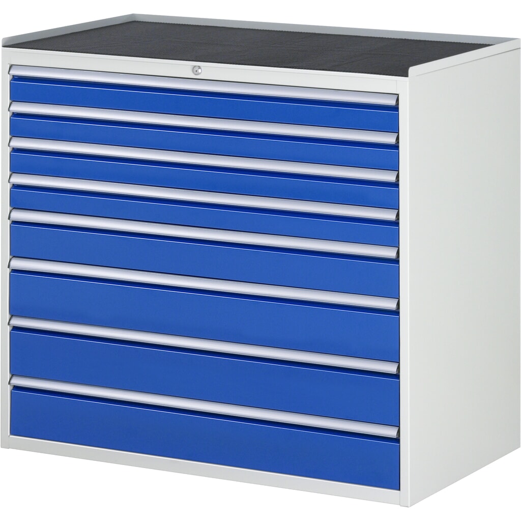 RAU Schubladenschrank Serie 7000, HxBxT 1.035 x 1.145 x 650 mm, 8 x 90%-Auszug-Schubladen 4 x 90, 1 x 120, 3 x 150 mm, Arbeitsplatte Metall Produktabbildung: RAU Schubladenschrank Serie 7000, HxBxT 1.035 x 1.145 x 650 mm, 8 x 90%-Auszug-Schubladen 4 x 90, 1 x 120, 3 x 150 mm, Arbeitsplatte Metall