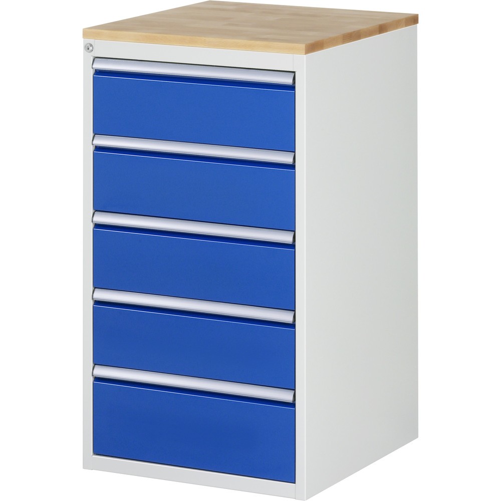 Produktabbildung: RAU Schubladenschrank Serie 7000, HxBxT 1.035 x 580 x 650 mm, 5 x 100%-Auszug-Schubladen 4 x 180, 1 x 210 mm, Arbeitsplatte Buche