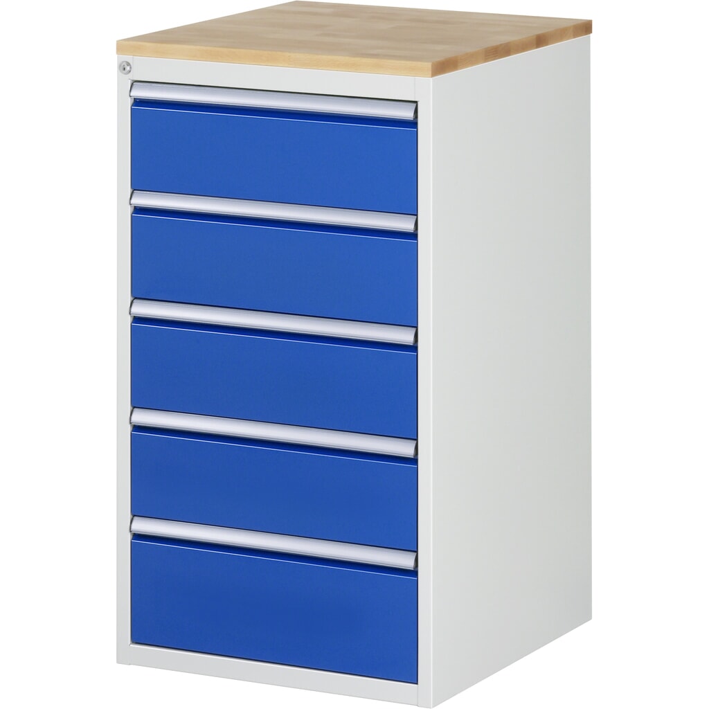 Produktabbildung: RAU Schubladenschrank Serie 7000, HxBxT 1.035 x 580 x 650 mm, 5 x 90%-Auszug-Schubladen 4 x 180, 1 x 210 mm, Arbeitsplatte Buche