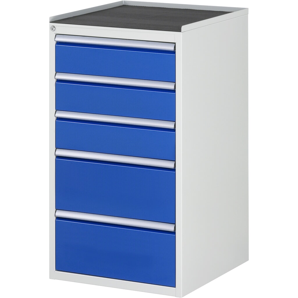Produktabbildung: RAU Schubladenschrank Serie 7000, HxBxT 1.035 x 580 x 650 mm, 5 x 90%-Auszug-Schubladen 3 x 150, 2 x 240 mm, Arbeitsplatte Metall