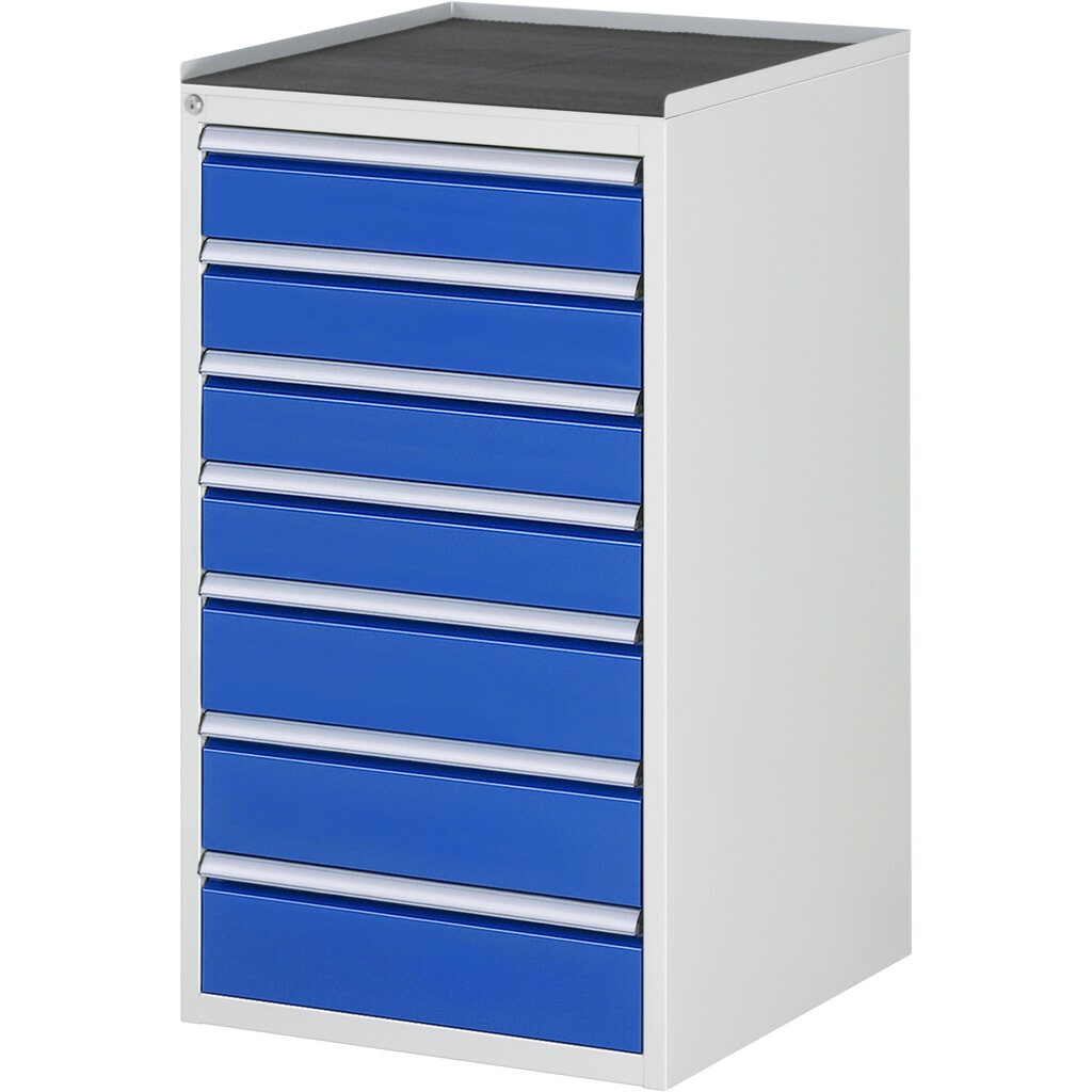 Produktabbildung: RAU Schubladenschrank Serie 7000, HxBxT 1.035 x 580 x 650 mm, 7 x 90%-Auszug-Schubladen 4 x 120, 3 x 150 mm, Arbeitsplatte Metall