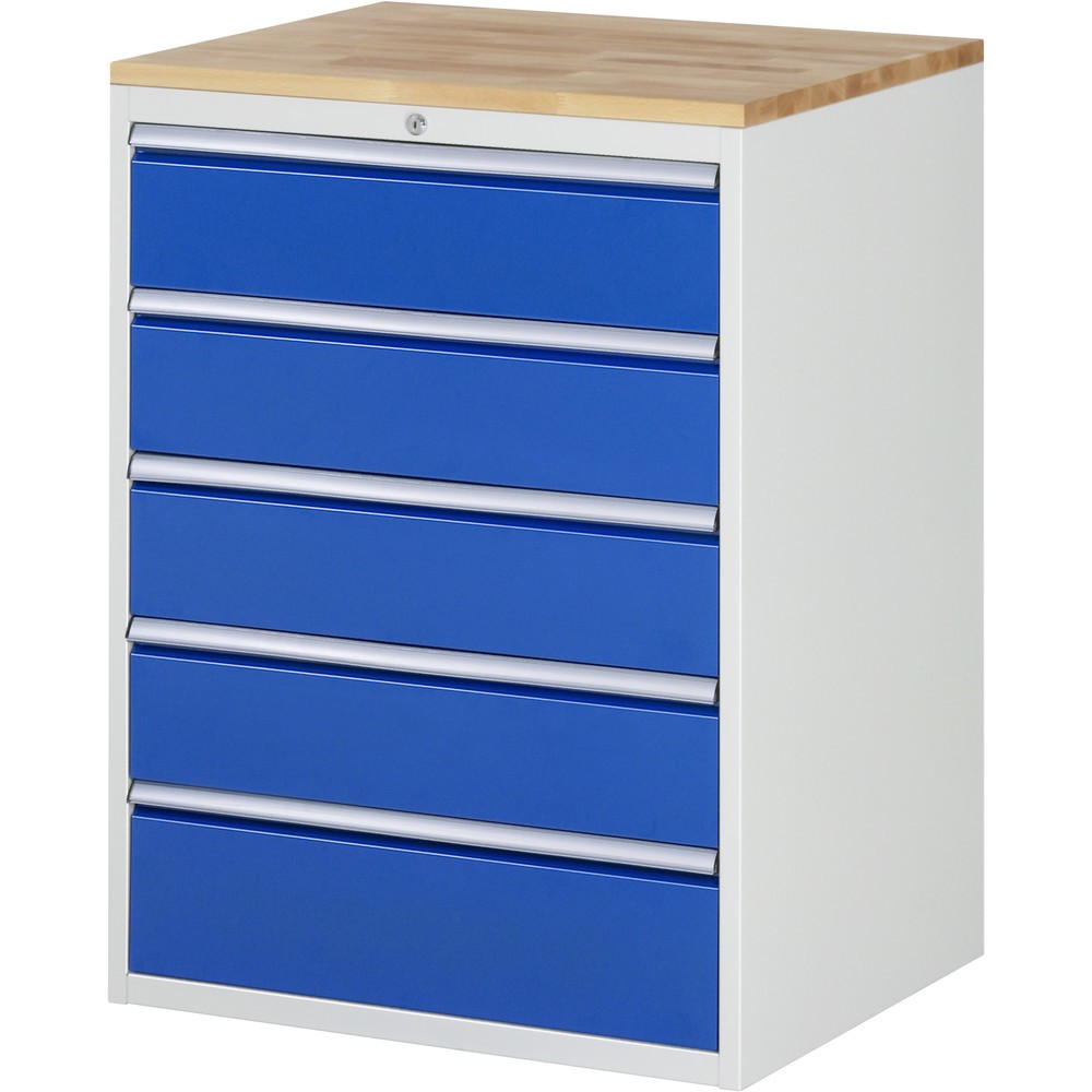 Produktabbildung: RAU Schubladenschrank Serie 7000, HxBxT 1.035 x 770 x 650 mm, 5 x 90%-Auszug-Schubladen 4 x 180, 1 x 210 mm, Arbeitsplatte Buche