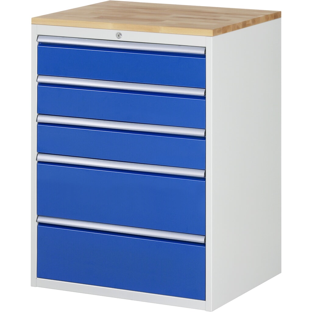 Produktabbildung: RAU Schubladenschrank Serie 7000, HxBxT 1.035 x 770 x 650 mm, 5 x 90%-Auszug-Schubladen 3 x 150, 2 x 240 mm, Arbeitsplatte Buche