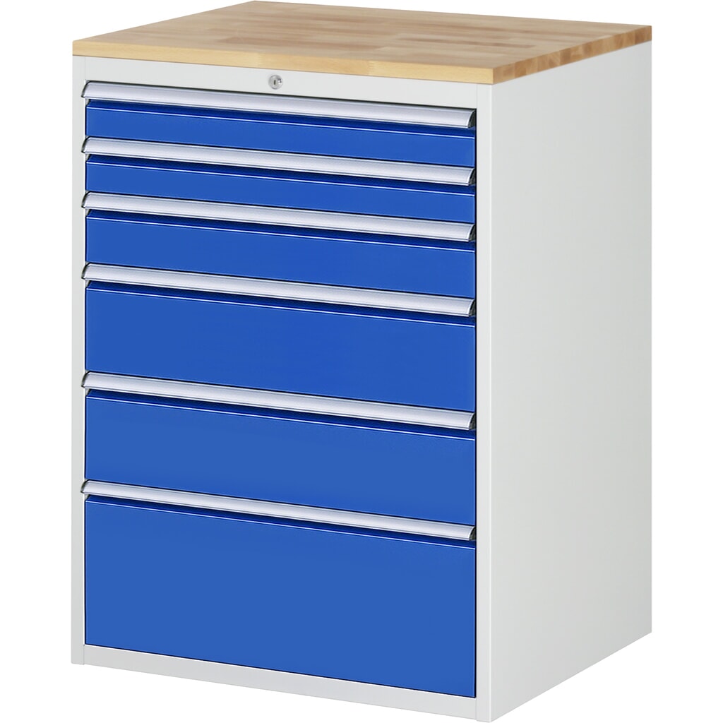 RAU Schubladenschrank Serie 7000, HxBxT 1.035 x 770 x 650 mm, 6 x 90%-Auszug-Schubladen 2 x 90, 1 x 120, 2 x 180, 1 x 270 mm, Arbeitsplatte Buche Produktabbildung: RAU Schubladenschrank Serie 7000, HxBxT 1.035 x 770 x 650 mm, 6 x 90%-Auszug-Schubladen 2 x 90, 1 x 120, 2 x 180, 1 x 270 mm, Arbeitsplatte Buche