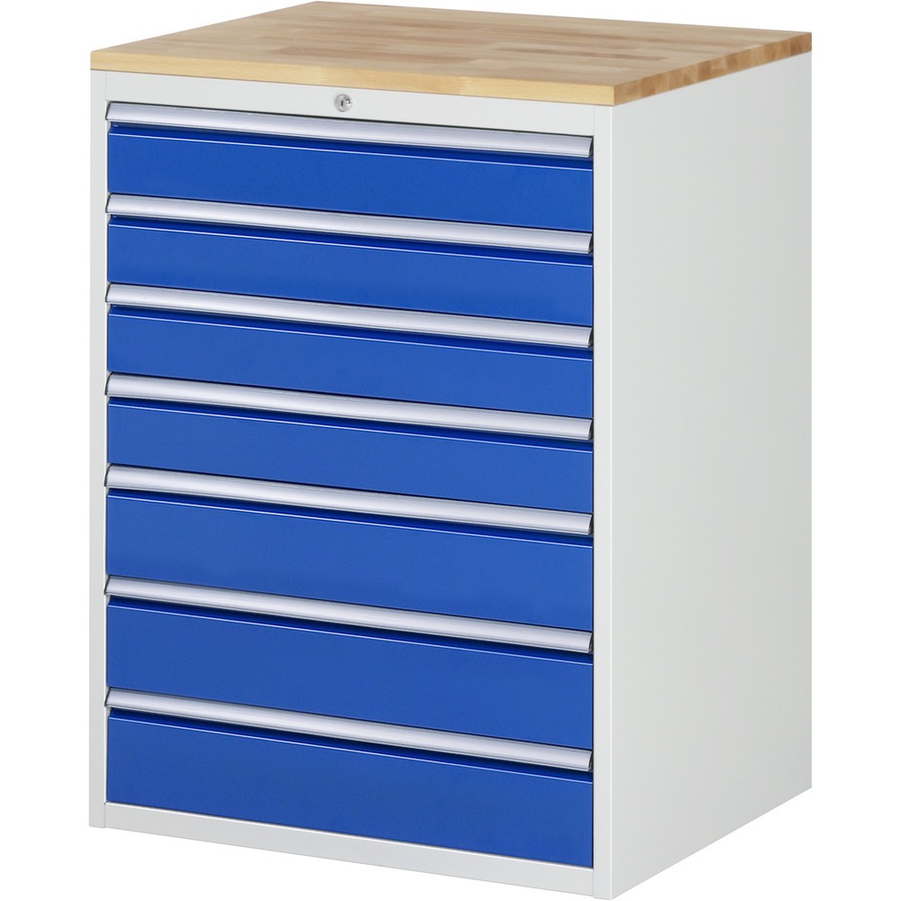 Produktabbildung: RAU Schubladenschrank Serie 7000, HxBxT 1.035 x 770 x 650 mm, 7 x 90%-Auszug-Schubladen 4 x 120, 3 x 150 mm, Arbeitsplatte Buche