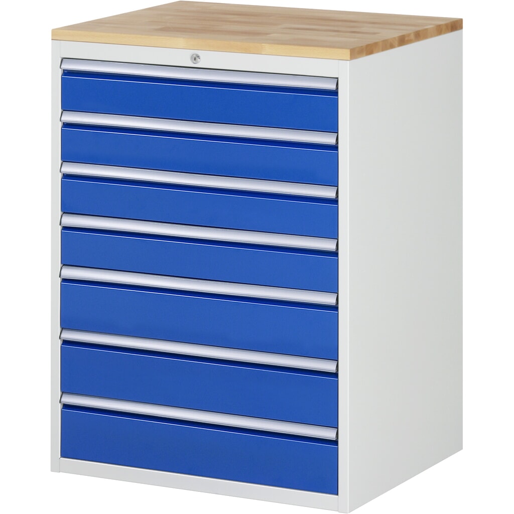 Produktabbildung: RAU Schubladenschrank Serie 7000, HxBxT 1.035 x 770 x 650 mm, 7 x 90%-Auszug-Schubladen 4 x 120, 3 x 150 mm, Arbeitsplatte Buche