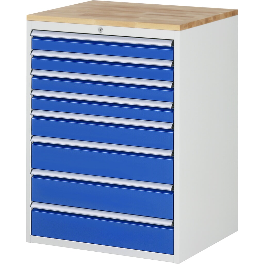 RAU Schubladenschrank Serie 7000, HxBxT 1.035 x 770 x 650 mm, 8 x 90%-Auszug-Schubladen 4 x 90, 1 x 120, 3 x 150 mm, Arbeitsplatte Buche Produktabbildung: RAU Schubladenschrank Serie 7000, HxBxT 1.035 x 770 x 650 mm, 8 x 90%-Auszug-Schubladen 4 x 90, 1 x 120, 3 x 150 mm, Arbeitsplatte Buche