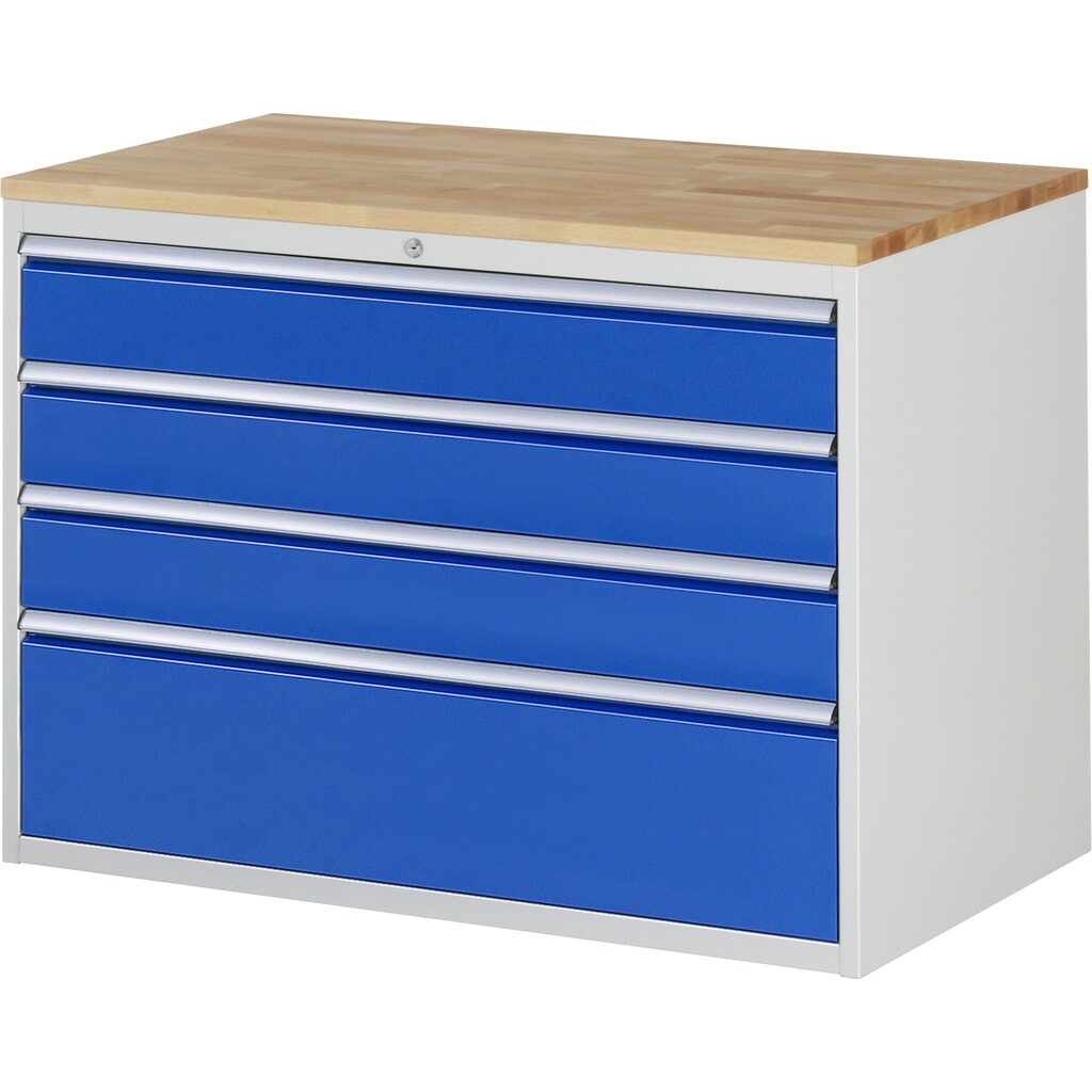 RAU Schubladenschrank Serie 7000, HxBxT 825 x 1.145 x 650 mm, 4 x 90%-Auszug-Schubladen 3 x 150, 1 x 270 mm, Arbeitsplatte Buche Produktabbildung: RAU Schubladenschrank Serie 7000, HxBxT 825 x 1.145 x 650 mm, 4 x 90%-Auszug-Schubladen 3 x 150, 1 x 270 mm, Arbeitsplatte Buche