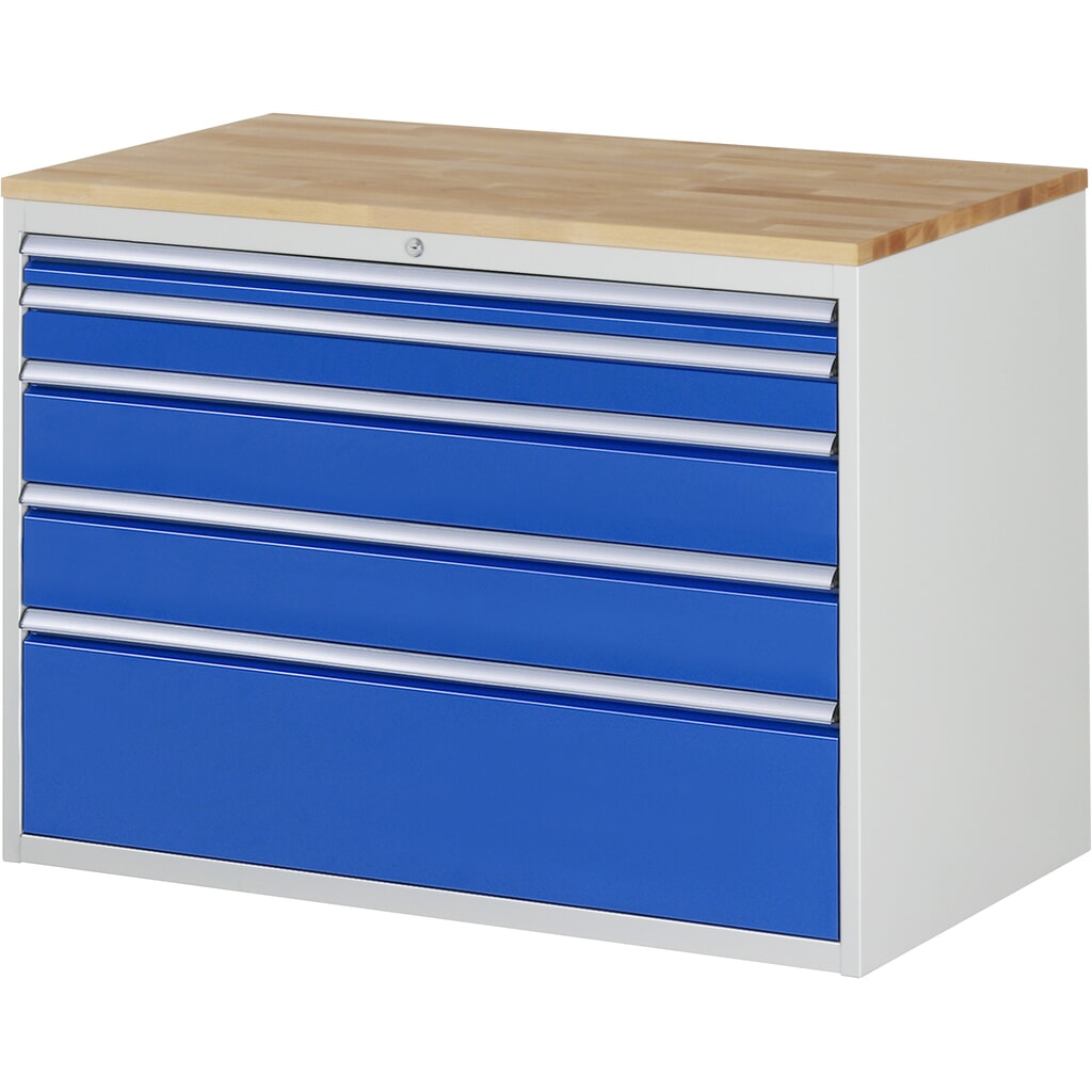 Produktabbildung: RAU Schubladenschrank Serie 7000, HxBxT 825 x 1.145 x 650 mm, 5 x 90%-Auszug-Schubladen 1 x 60, 1 x 90, 2 x 150, 1 x 270 mm, Arbeitsplatte Buche