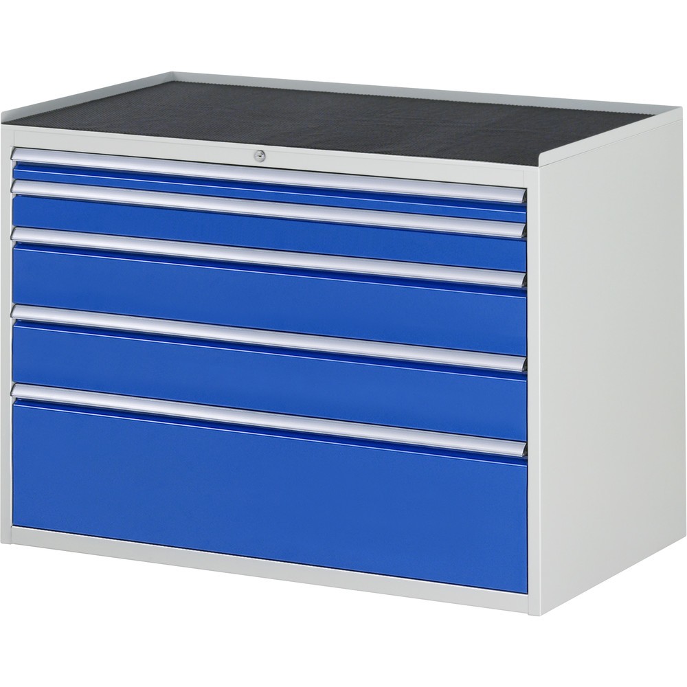 Produktabbildung: RAU Schubladenschrank Serie 7000, HxBxT 825 x 1.145 x 650 mm, 5 x 90%-Auszug-Schubladen 1 x 60, 1 x 90, 2 x 150, 1 x 270 mm, Arbeitsplatte Metall