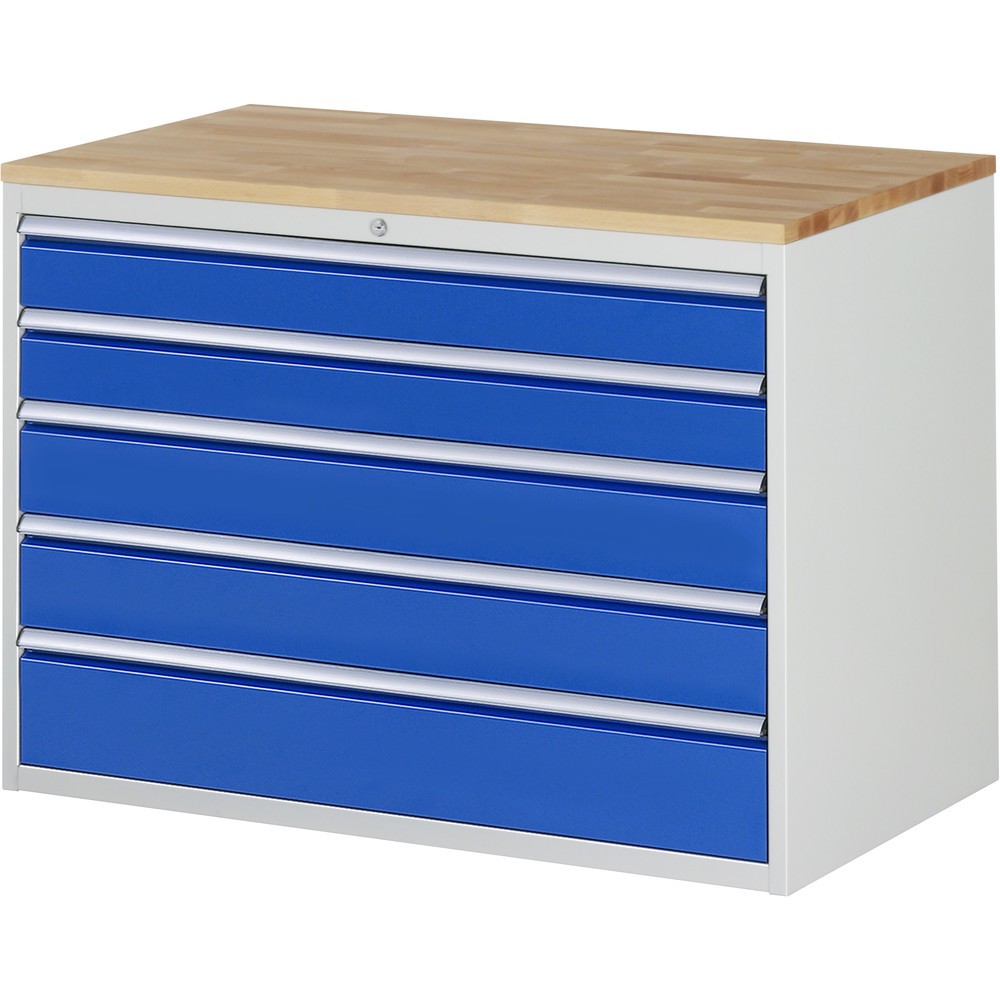 Produktabbildung: RAU Schubladenschrank Serie 7000, HxBxT 825 x 1.145 x 650 mm, 5 x 90%-Auszug-Schubladen 2 x 120, 2 x 150, 1 x 180 mm, Arbeitsplatte Buche