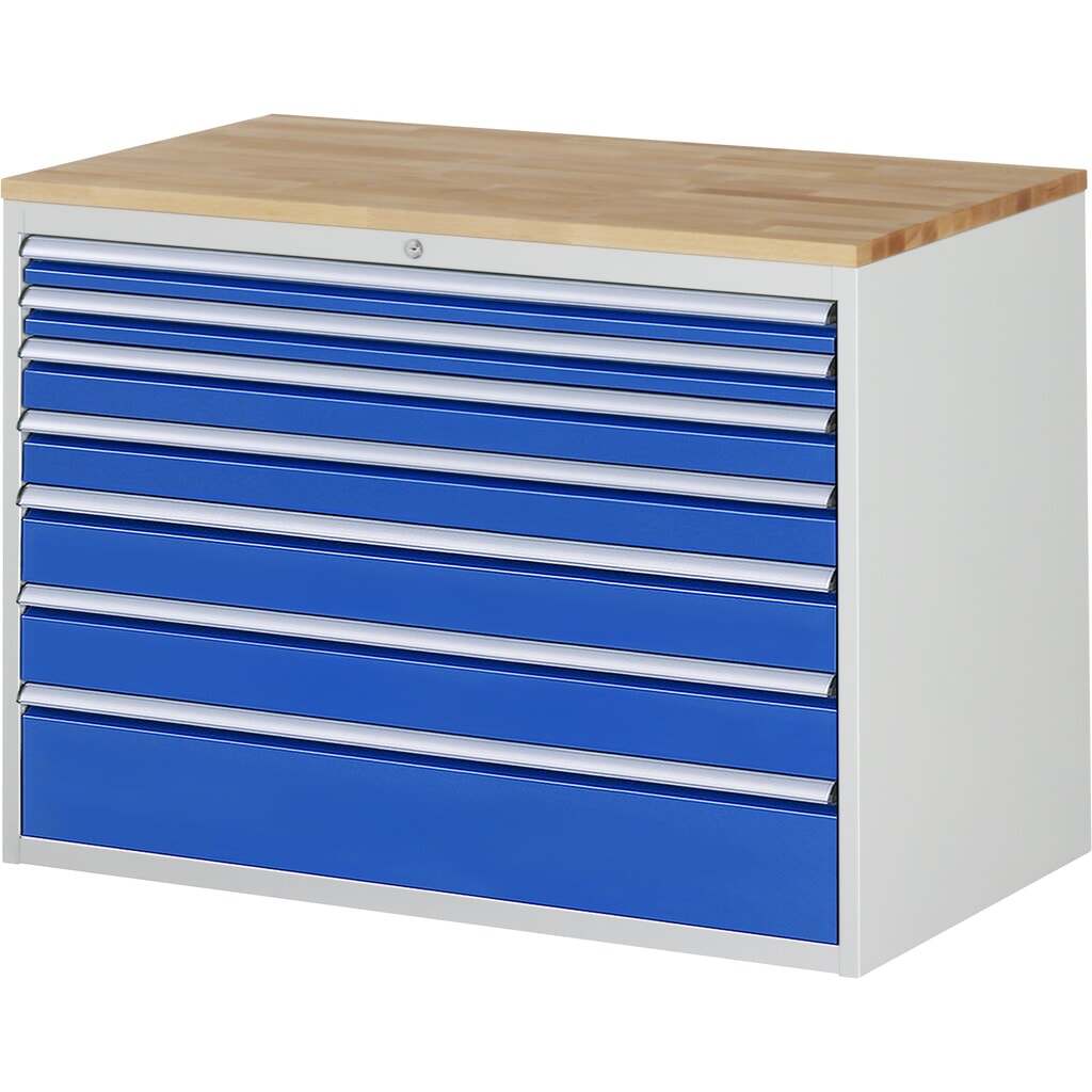 RAU Schubladenschrank Serie 7000, HxBxT 825 x 1.145 x 650 mm, 7 x 90%-Auszug-Schubladen 2 x 60, 2 x 90, 2 x 120, 1 x 180 mm, Arbeitsplatte Buche Produktabbildung: RAU Schubladenschrank Serie 7000, HxBxT 825 x 1.145 x 650 mm, 7 x 90%-Auszug-Schubladen 2 x 60, 2 x 90, 2 x 120, 1 x 180 mm, Arbeitsplatte Buche