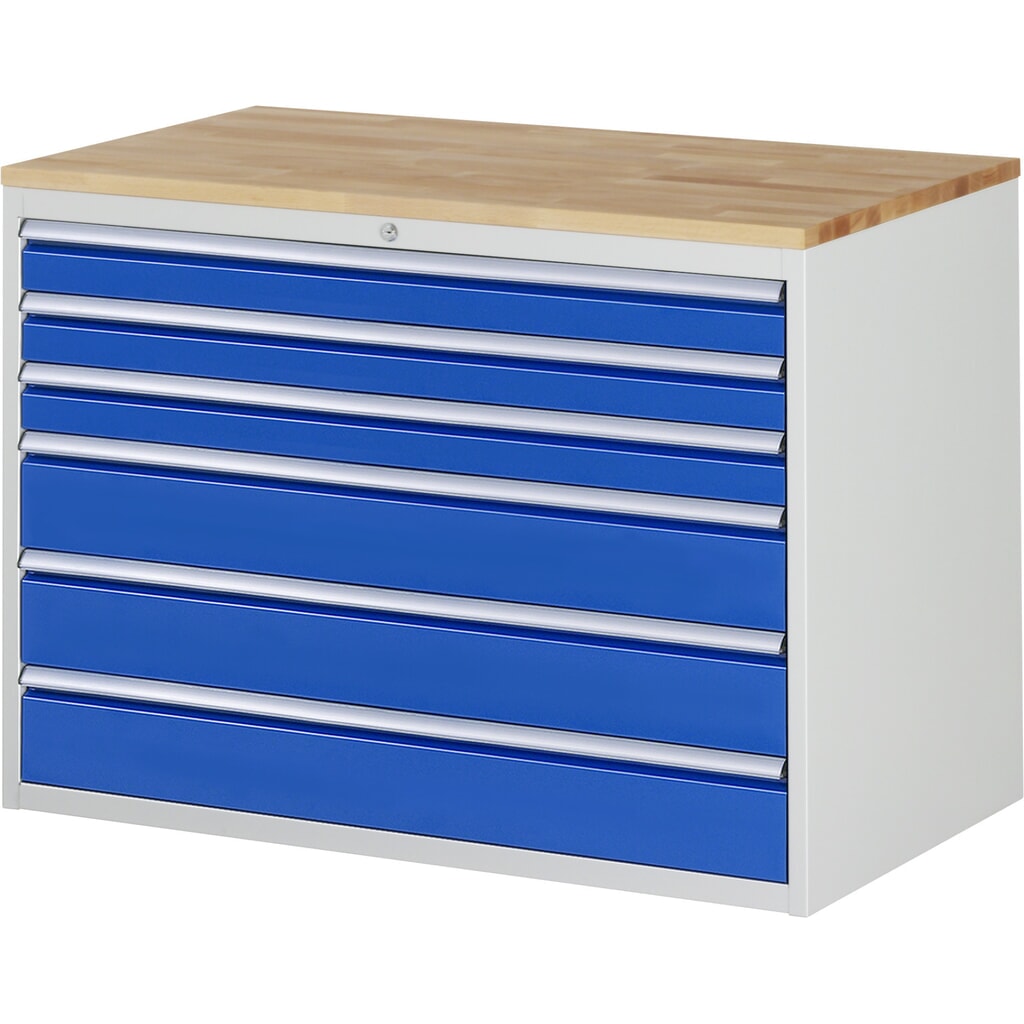 Produktabbildung: RAU Schubladenschrank Serie 7000, HxBxT 825 x 1.145 x 650 mm, 6 x 90%-Auszug-Schubladen 3 x 90, 3 x 150 mm, Arbeitsplatte Buche