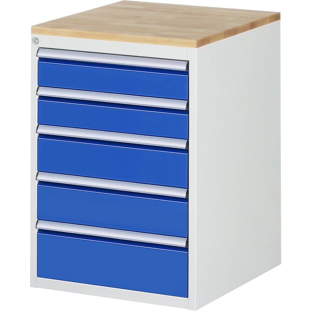 Produktabbildung: RAU Schubladenschrank Serie 7000, HxBxT 825 x 580 x 650 mm, 5 x 90%-Auszug-Schubladen 2 x 120, 2 x 150, 1 x 180 mm, Arbeitsplatte Buche