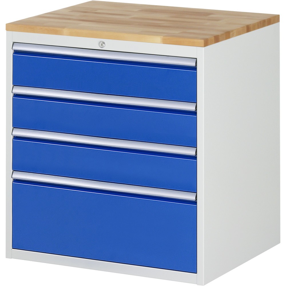 Produktabbildung: RAU Schubladenschrank Serie 7000, HxBxT 825 x 770 x 650 mm, 4 x 90%-Auszug-Schubladen 3 x 150, 1 x 270 mm, Arbeitsplatte Buche