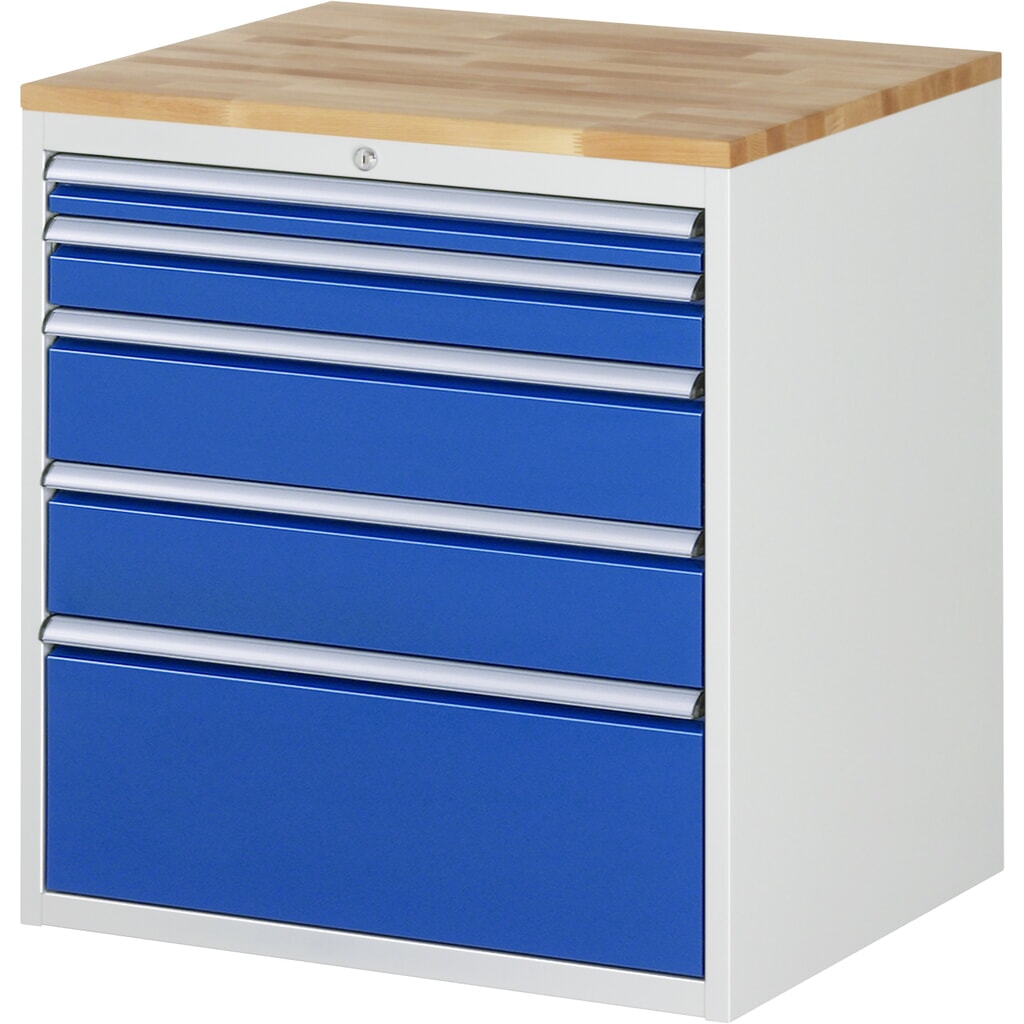 Produktabbildung: RAU Schubladenschrank Serie 7000, HxBxT 825 x 770 x 650 mm, 5 x 90%-Auszug-Schubladen 1 x 60, 1 x 90, 2 x 150, 1 x 270 mm, Arbeitsplatte Buche