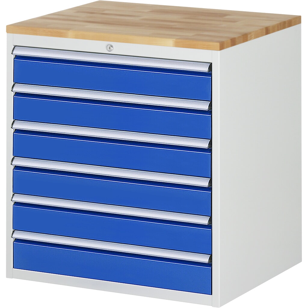 RAU Schubladenschrank Serie 7000, HxBxT 825 x 770 x 650 mm, 6 x 100%-Auszug-Schubladen 6 x 120 mm, Arbeitsplatte Buche Produktabbildung: RAU Schubladenschrank Serie 7000, HxBxT 825 x 770 x 650 mm, 6 x 100%-Auszug-Schubladen 6 x 120 mm, Arbeitsplatte Buche