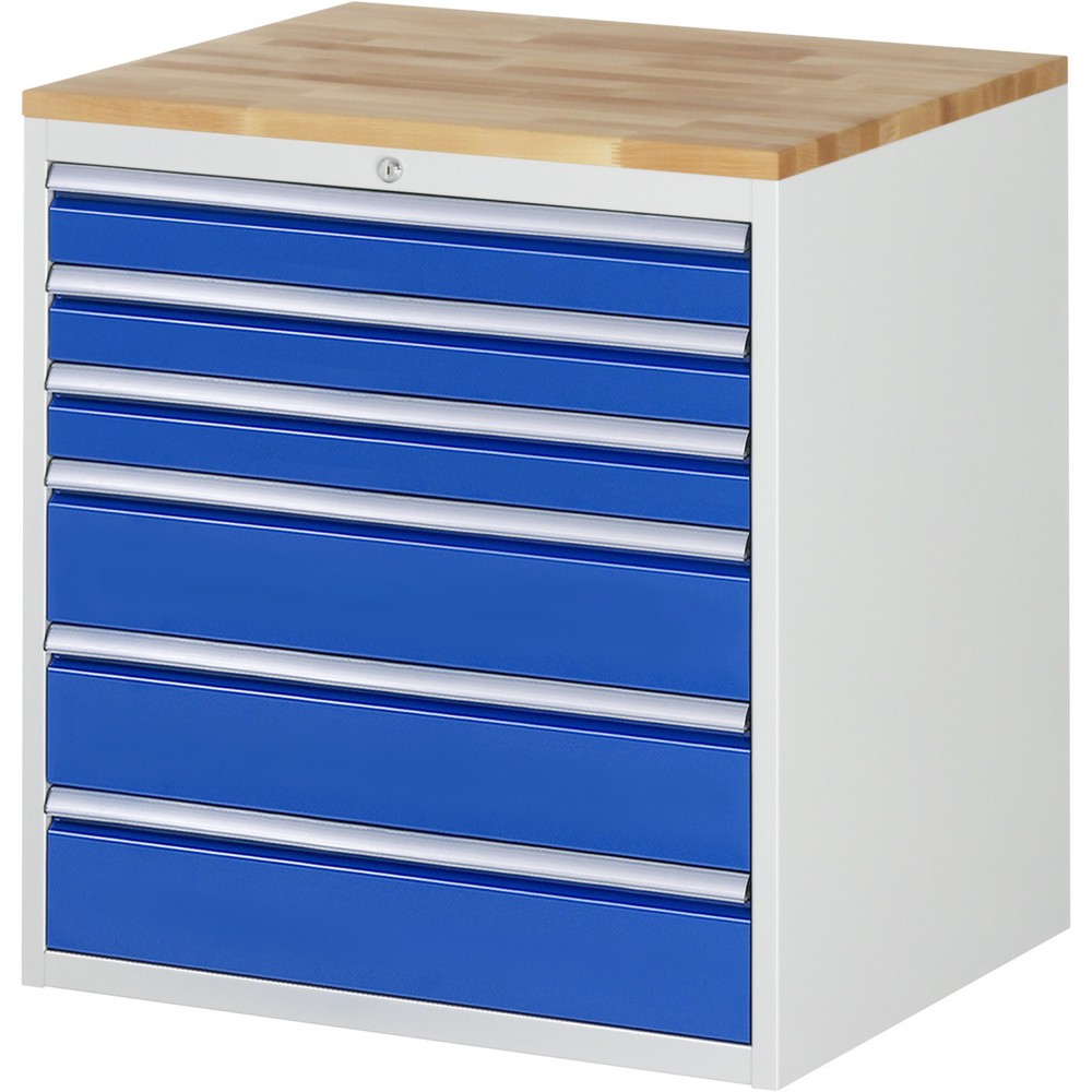 Produktabbildung Nr. 1: RAU Schubladenschrank Serie 7000, HxBxT 825 x 770 x 650 mm, 6 x 90%-Auszug-Schubladen 3 x 90, 3 x 150 mm, Arbeitsplatte Buche