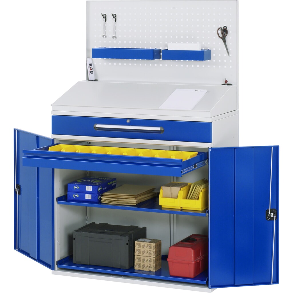 RAU Pultschrank, HxBxT 1.110-1.770 x 1.100 x 520 mm, Schubladen 1 x 80, 1 x 120 mm Produktabbildung: RAU Pultschrank, HxBxT 1.110-1.770 x 1.100 x 520 mm, Schubladen 1 x 80, 1 x 120 mm