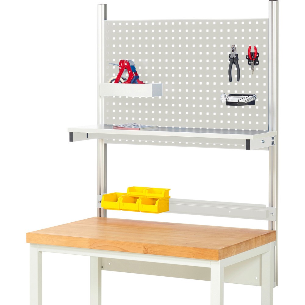 Produktabbildung: RAU Werkbank-Aufbau, HxBxT 1.130 x 1.000 x 350 mm, mit 1 Etagenboard melaminharzbeschichtete Platte und 1 Halteschiene, Komplettset 01 für Produktbreite 1.000 mm
