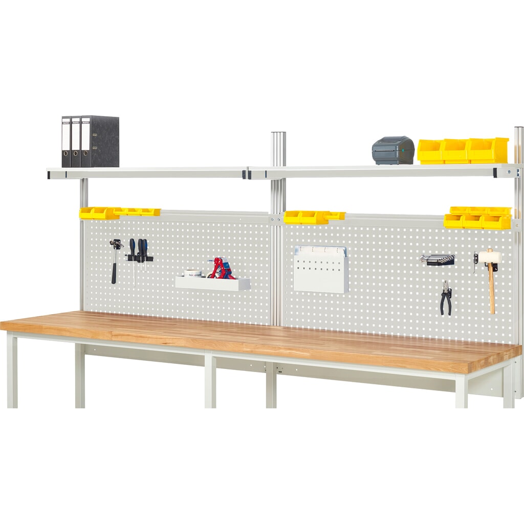 Produktabbildung: RAU Werkbank-Aufbau, HxBxT 1.130 x 3.000 x 350 mm, mit 2 Etagenboards melaminharzbeschichtete Platte und 2 Halteschienen, Komplettset 01 für Produktbreite 3.000 mm