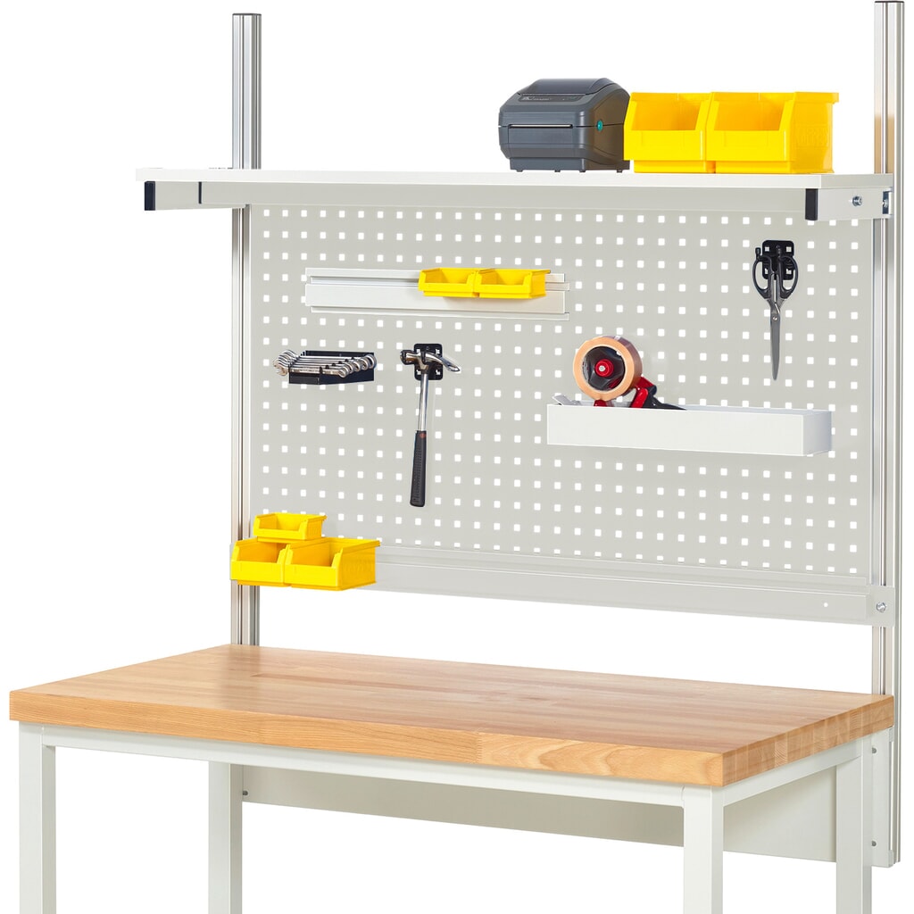 Produktabbildung: RAU Werkbank-Aufbau, HxBxT 1.130 x 1.250 x 350 mm, mit 1 Etagenboard melaminharzbeschichtete Platte und 1 Halteschiene, Komplettset 01 für Produktbreite 1.250 mm