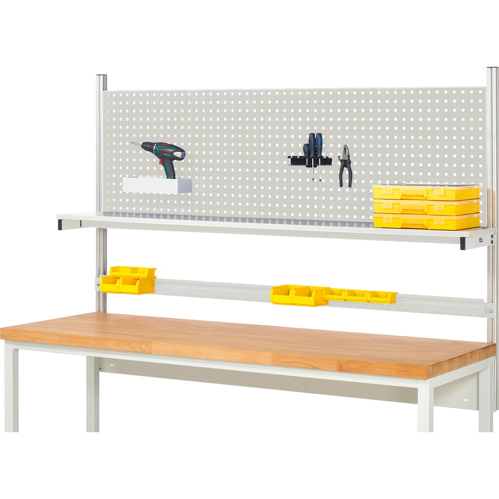 RAU Werkbank-Aufbau, HxBxT 1.130 x 2.000 x 350 mm, mit 1 Etagenboard melaminharzbeschichtete Platte und 1 Halteschiene, Komplettset 01 für Produktbreite 2.000 mm Produktabbildung: RAU Werkbank-Aufbau, HxBxT 1.130 x 2.000 x 350 mm, mit 1 Etagenboard melaminharzbeschichtete Platte und 1 Halteschiene, Komplettset 01 für Produktbreite 2.000 mm