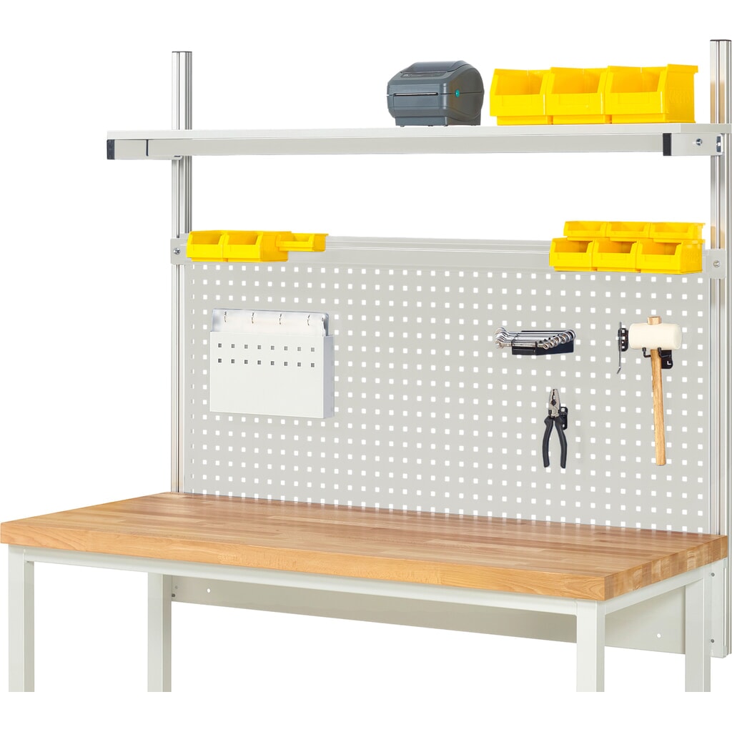 RAU Werkbank-Aufbau, HxBxT 1.130 x 1.500 x 350 mm, mit 1 Etagenboard melaminharzbeschichtete Platte und 1 Halteschiene, Komplettset 01 für Produktbreite 1.500 mm Produktabbildung: RAU Werkbank-Aufbau, HxBxT 1.130 x 1.500 x 350 mm, mit 1 Etagenboard melaminharzbeschichtete Platte und 1 Halteschiene, Komplettset 01 für Produktbreite 1.500 mm