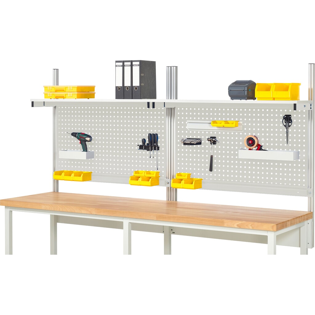 RAU Werkbank-Aufbau, HxBxT 1.130 x 2.500 x 350 mm, mit 2 Etagenboards melaminharzbeschichtete Platte und 2 Halteschienen, Komplettset 01 für Produktbreite 2.500 mm Produktabbildung: RAU Werkbank-Aufbau, HxBxT 1.130 x 2.500 x 350 mm, mit 2 Etagenboards melaminharzbeschichtete Platte und 2 Halteschienen, Komplettset 01 für Produktbreite 2.500 mm