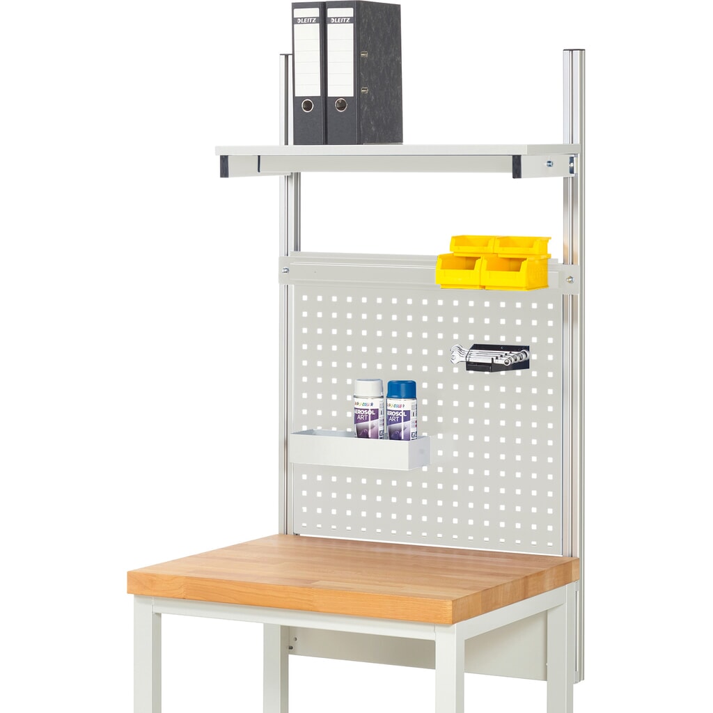 Produktabbildung: RAU Werkbank-Aufbau, HxBxT 1.130 x 750 x 350 mm, mit 1 Etagenboard melaminharzbeschichtete Platte und 1 Halteschiene, Komplettset 01 für Produktbreite 750 mm