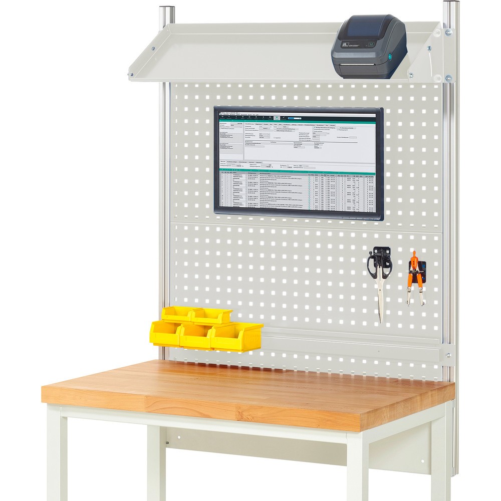 Produktabbildung: RAU Werkbank-Aufbau, HxBxT 1.130 x 1.000 x 350 mm, mit 1 neigbaren Metallablage, 1 Halteschiene und 1 Flachbildschirmhalter, Komplettset 02 für Produktbreite 1.000 mm