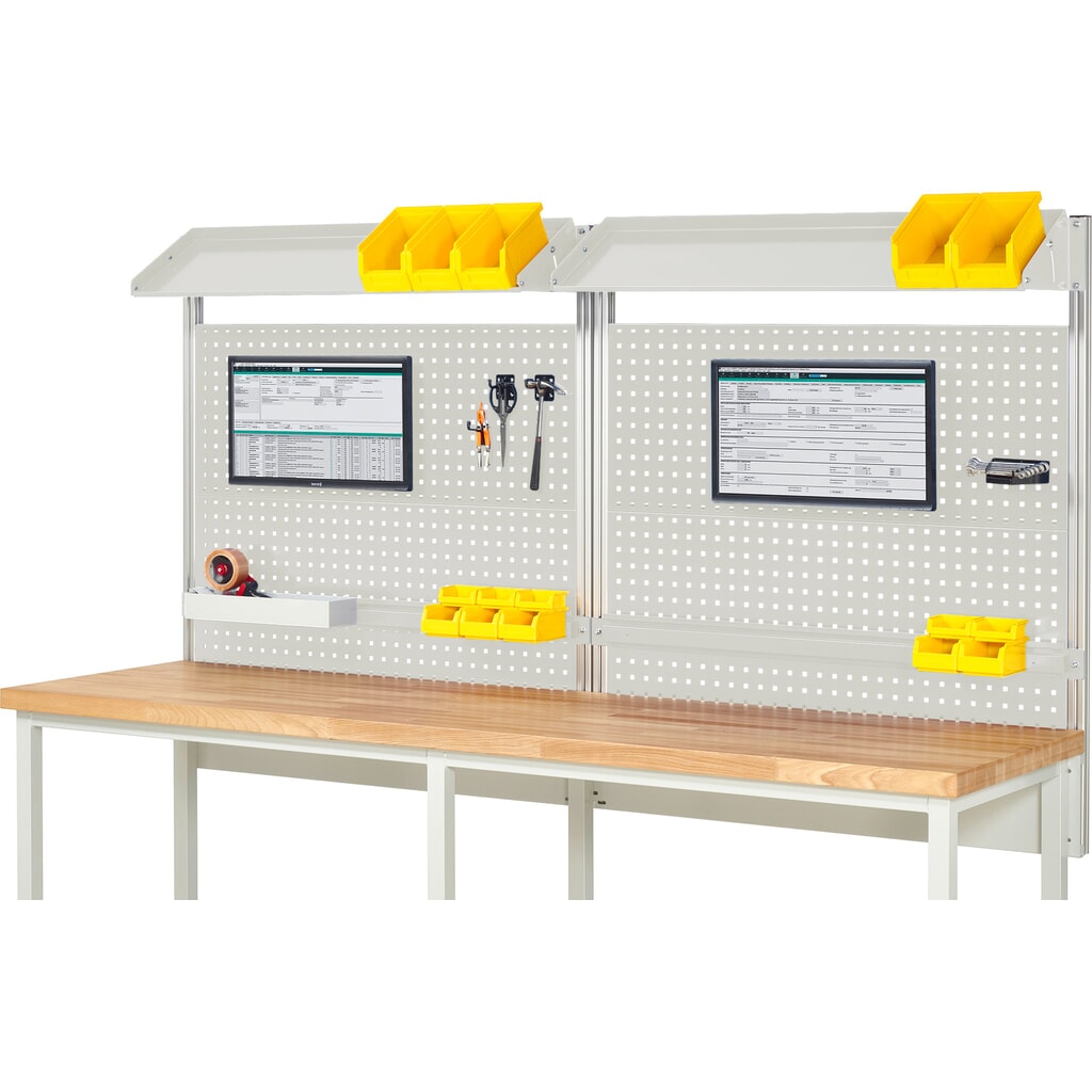 RAU Werkbank-Aufbau, HxBxT 1.130 x 2.500 x 350 mm, mit 2 neigbaren Metallablagen, 2 Halteschienen und 2 Flachbildschirmhalter, Komplettset 02 für Produktbreite 2.500 mm Produktabbildung: RAU Werkbank-Aufbau, HxBxT 1.130 x 2.500 x 350 mm, mit 2 neigbaren Metallablagen, 2 Halteschienen und 2 Flachbildschirmhalter, Komplettset 02 für Produktbreite 2.500 mm
